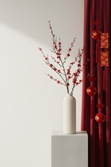 Slim vase with red plum blossoms and hanging ornaments on white wall for Chinese New Year