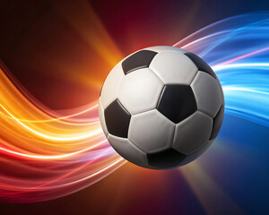 Naklejka premium Soccer Ball realistic illustrations with Neon Light Trails on Dark Blue Background.