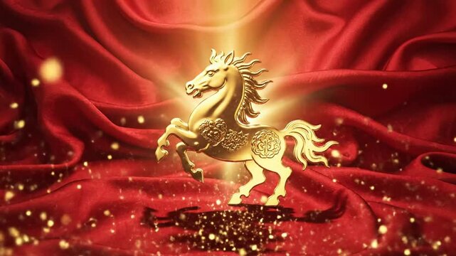 Golden Horse Statue on Red Fabric - A Symbol of Power and Elegance.