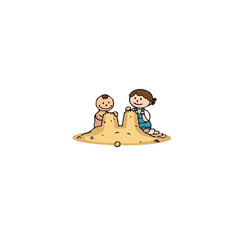 Two children happily create a magnificent sandcastle at the beach enjoying a fun day under the sun