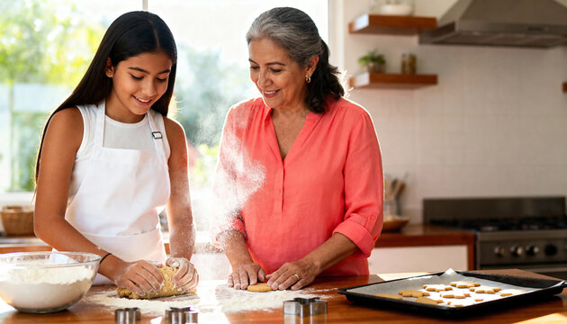 Grandmother and granddaughter baking cookies together in a sunlit kitchen. Teen girl learning to knead dough from her senior relative. Family bonding and tradition concept - Powered by Adobe