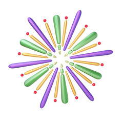 A 3D stylized multicolor firework burst featuring radial purple, green, and yellow sparks tipped with small red spheres.