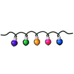 A 3D stylized row of multi-colored string lights featuring five glowing bulbs in purple, green, orange, pink, and blue, hanging evenly from a wavy dark green wire.