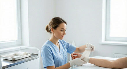 Nurse applying bandage to patient&rsquo;s arm in medical clinic  