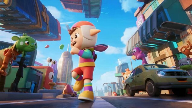 Animated character in vibrant cityscape