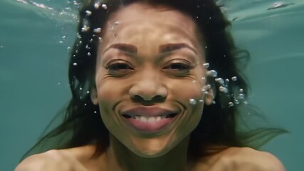 Woman underwater surrounded by bubbles. Refreshing water sports lifestyle concept.