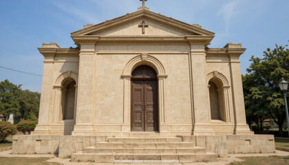 Exterior shot mausoleum showcases architectural design bathed sunlight against clear sky