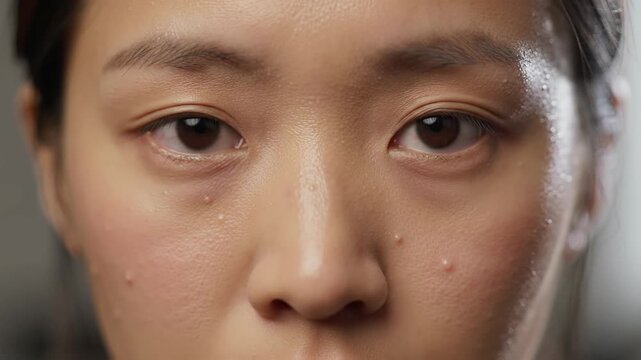Close-up portrait of an Asian woman's face with shiny skin and a few milia, focusing on beauty and skincare.