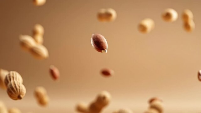 Roasted peanuts ascend amid brown background