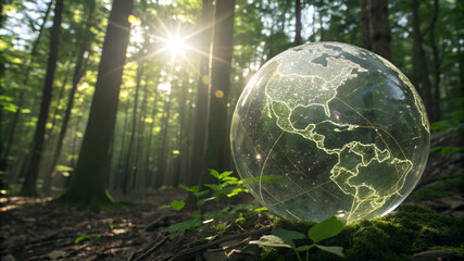 A transparent globe etched with vein-like patterns that glow faintly green, connected visually to sunbeams filtering through the forest canopy—clean energy as Earth’s circulatory system.