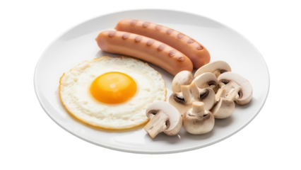 Fried egg with sausages and mushrooms isolated PNG, breakfast food on transparent background, healthy meal with protein and vitamins