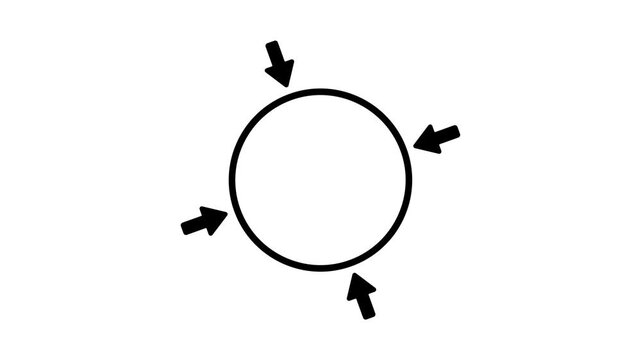 Minimalist black animation of four arrows pointing inward to a central circle on white background representing focus, unity, collaboration, or gathering data.
