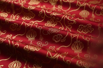 Ornate red brocade silk fabric with lantern pattern for luxurious Chinese New Year festive background