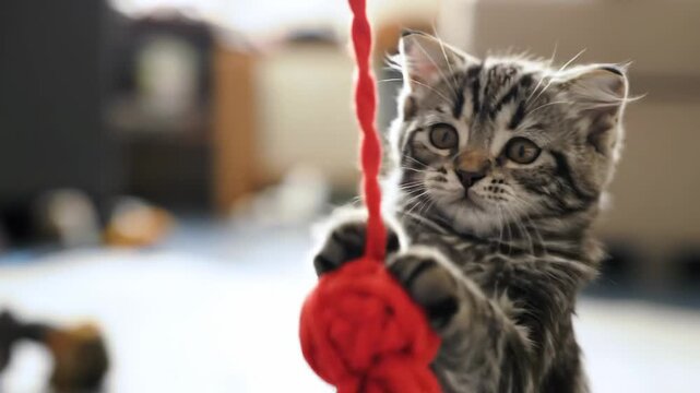 Cute kitten playing with red toy indoors, playful pet with adorable tabby pattern.