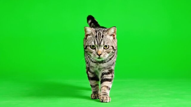 A nimble brown tabby shorthair cat confidently walks straight towards the camera with its tail held high. on a green screen background, chroma key