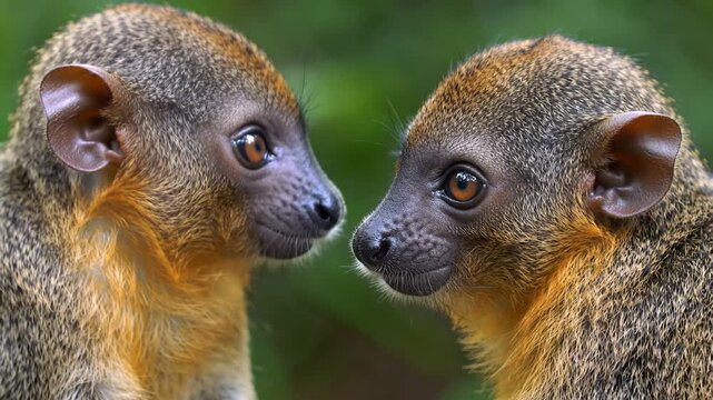 Two cute brown and orange Lemur monkeys looking at each other in the forest.