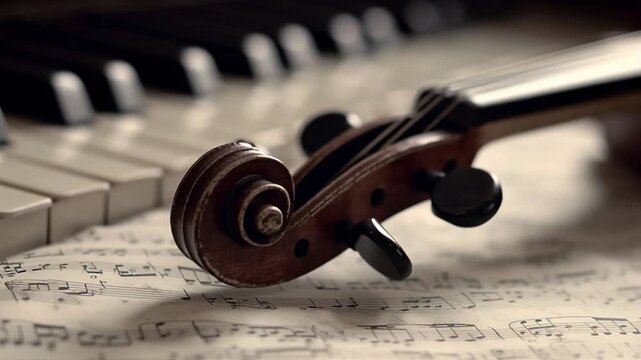 Scroll of a violin atop musical notes keys visible