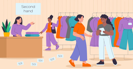 Two women explore a cheerful second-hand clothing store, surrounded by colorful garments, promoting sustainability and fashion choice in a lively shopping experience.