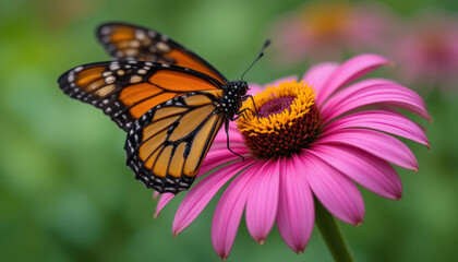 Naklejka premium Monarch butterfly on pink coneflower with yellow center garden scene closeup