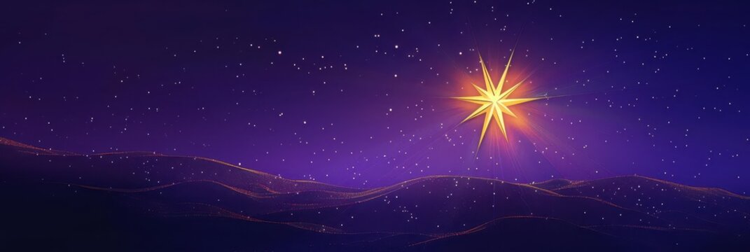 Bright starry night sky celebrating epiphany and three kings day. Flat illustration. Horizontal banner. Copy space. Star of Bethlehem, or Christmas Star on a purple background