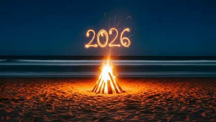 Bonfire burning brightly on the beach at night with sparks forming 2026 in the sky celebrating New Year on the ocean shore