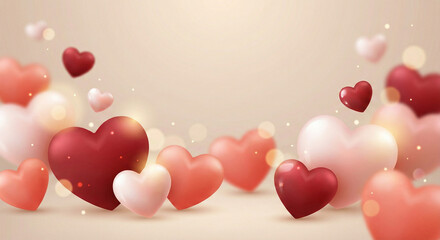 Colorful hearts floating with soft light on neutral background  