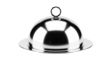 Silver serving dome PNG isolated on transparent background, elegant metal cloche for restaurant and catering use