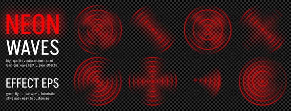 Red wave pain circle effect. Sonar scan radar glow icon. Hud hunting game radial doppler neon sign. Concentric ring range for ripple abstract vector. Focus and accuracy sonic transparent overlay