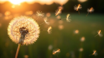 A close-up image of a dandelion in a field, with its seeds being carried away by the wind at sunset.