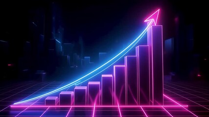 Neon upward trend graph bar animation in dark setting - Powered by Adobe