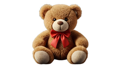 Obraz premium Cozy brown teddy bear with red bow, Teddy bear on transparent background. 