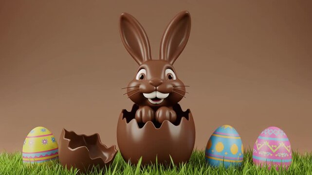 Cholate easter bunny breaking out of chocolate egg on a soft brown background with green grass.