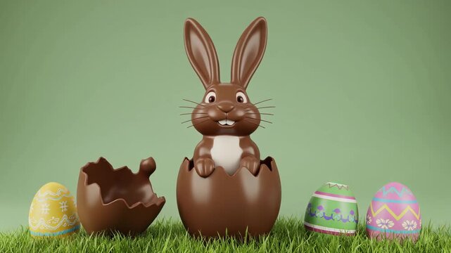 Cholate easter bunny breaking out of chocolate egg on a soft brown background with green grass.
