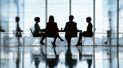 Business Meeting Silhouettes in Modern Office Setting