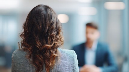 Woman with Curly Hair in Business Meeting with Blur Background