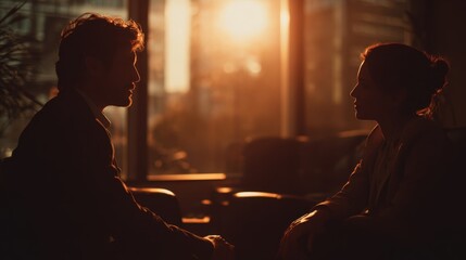 Silhouette of Couple in Intimate Conversation at Sunset Glow