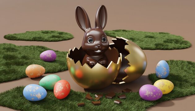 Cholate easter bunny breaking out of chocolate egg on a soft brown background with green grass.