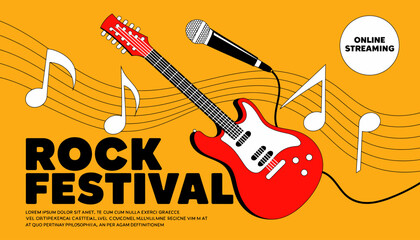 An energetic rock festival theme featuring a striking red electric guitar, vibrant musical notes, and an eye-catching color scheme, perfect for promoting music events and lifestyle.