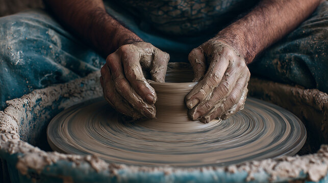 Ai hands create a ceramic pot on a spinning wheel during pottery class in a studio setting - Powered by Adobe