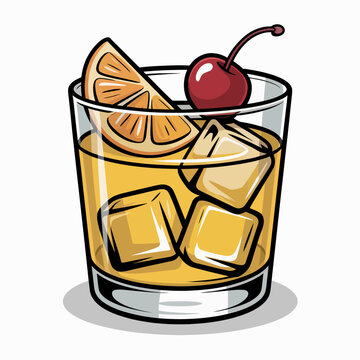 A beautifully crafted cocktail in a glass, showcasing ice cubes, a slice of orange, and a cherry on top, ideal for summer gatherings and festive occasions.