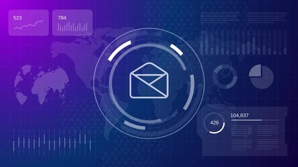 Animated email icon representing digital communication and messaging on a blue technology data interface background - Powered by Adobe