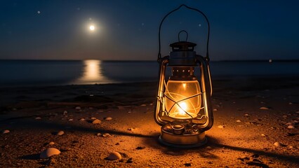 Lantern glowing on beach at night