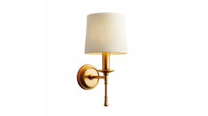 A luxurious gold wall lamp featuring a cylindrical white shade, mounted on a circular gold base with an ornate arm