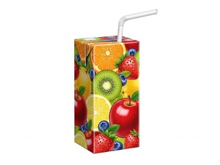 Fruit juice carton with straw, isolated on white background