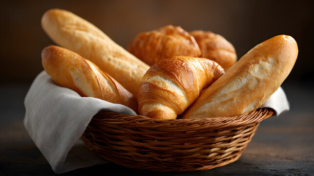 Artisan Bread in Rustic Basket: A close-up shot of a rustic basket filled with an assortment of freshly baked bread. Captured in natural light.