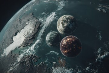Fantasy Planetscape with Three Spherical Celestial Bodies Displaying Varied Textures and Tones Under Dramatic Lighting in a Dark Background