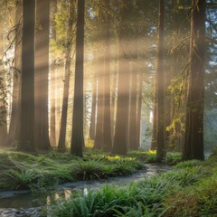 Fototapeta premium Serene Forest Landscape Illustration with Soft Sunlight Filtering Through Tall Trees and Lush Greenery