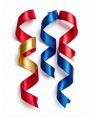 Red, gold, and blue curled ribbons on a white background, perfect for celebrations and festive designs.