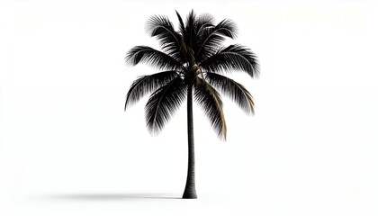 Single Coconut Palm Tree Silhouette Isolated on White Background.