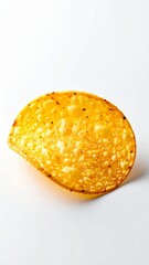 Single golden potato chip with seasoning, isolated on a clean white background, studio shot.